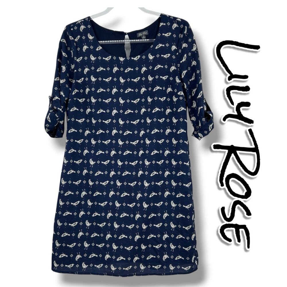 Lily Rose Navy Bird Print Shift Dress Roll Tab Sleeve Medium Whimsical Modest